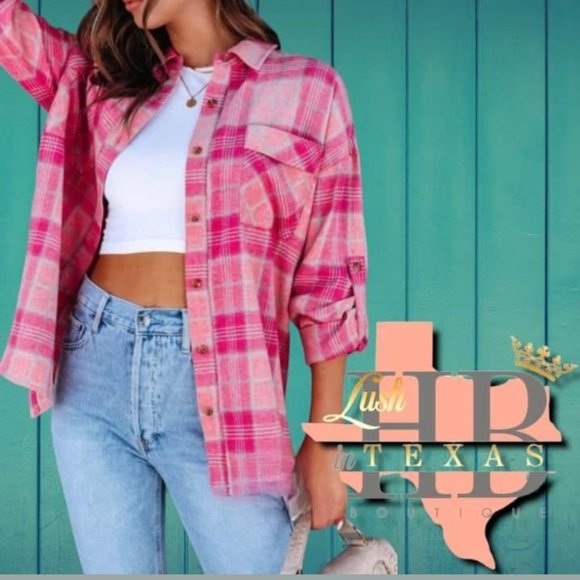 PINK PLAID BUTTON UP - Picture 1 of 1